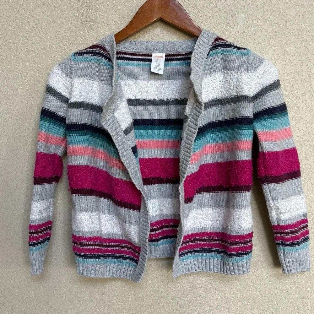 Gymboree Gray Striped Open Cardigan Sweater‎ Pink Teal M (7-8)